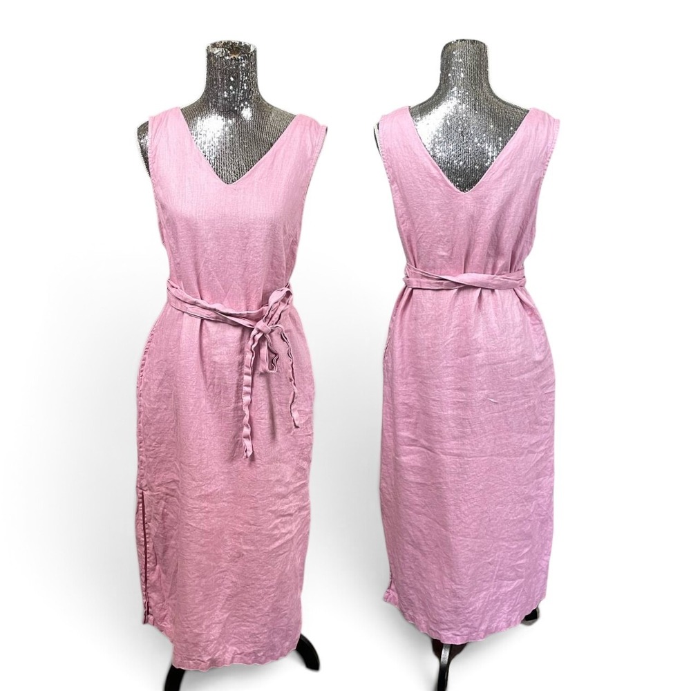 100% Linen Pink Sleeveless V Neck Maxi Dress Tie Waist Belt Side Slit Medium